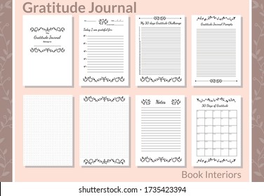 Gratitude Journal Customizable Interior. Custom Templates for Low-Content Books. Background with bullet dot grid pages and lot of space to write in. Printable organizer, planner, notebook, mood diary.