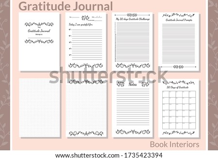 Gratitude Journal Customizable Interior. Custom Templates for Low-Content Books. Background with bullet dot grid pages and lot of space to write in. Printable organizer, planner, notebook, mood diary.