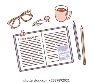 Gratitude journal. Vector illustration. Notepad, pencils and a cup of tea, glasses and a flower. Productive habits concept. Wellnes, emotional well-being