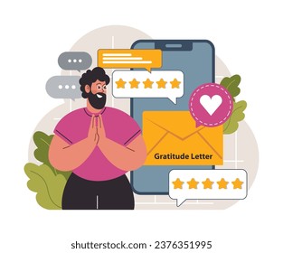 Gratitude latter. Grateful and thankful character sending or receiving thank you message. Charity and volunteer work sharing love and care. Online and offline communication. Flat vector illustration