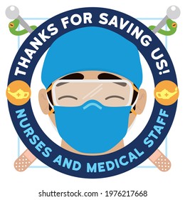 Gratitude message with round button, Asclepius staffs, medical plasters, lamps and male nurse face inside of it, wearing protective goggles and half-mask.