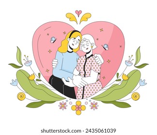 Gratitude mother day 2D linear illustration concept. Closeness affectionate older mother daughter cartoon characters isolated on white. Good warm moment metaphor abstract flat vector outline graphic