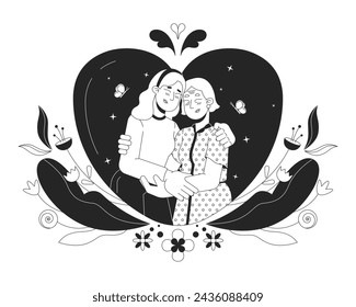 Gratitude mother day black and white 2D illustration concept. Closeness affectionate older mother daughter cartoon outline characters isolated on white. Good warm moment metaphor monochrome vector art