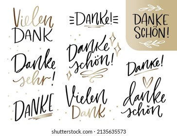Gratitude phrases in German which mean Thank you very mush and Much appreciated in different translations. Modern calligraphy black and gold vector design for cards, banners, shop promotion.