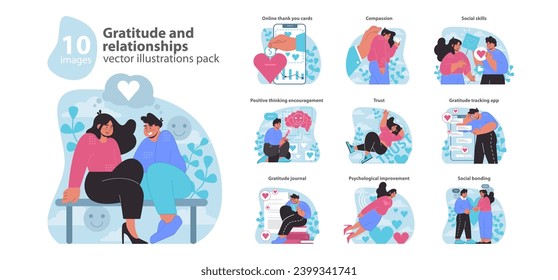 Gratitude and relationships set. Celebrating emotional connections and appreciation. Expressions of thanks, trust-building, and companionship. Flat vector illustration.