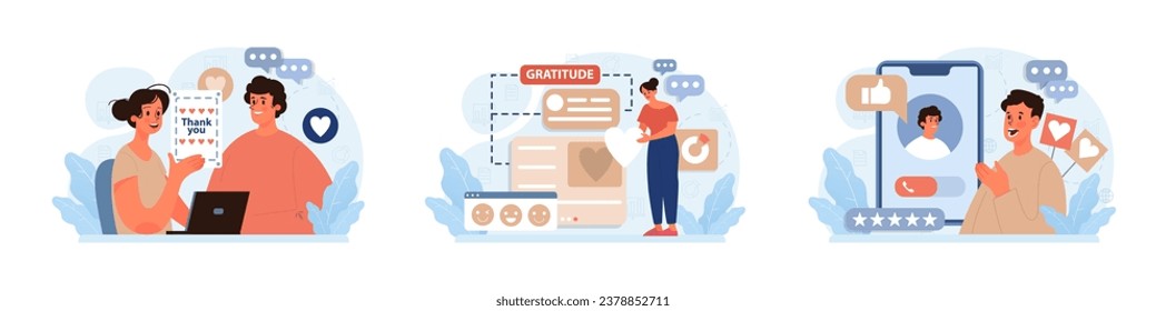 Gratitude set. Grateful and thankful characters. Charity and volunteer work sharing love and care. Online and offline communication. Flat vector illustration