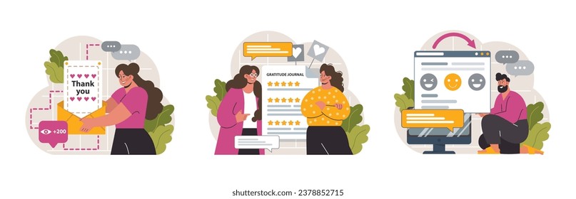 Gratitude set. Grateful and thankful characters. Charity and volunteer work sharing love and care. Online and offline communication. Flat vector illustration