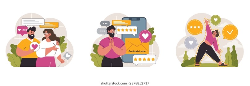 Gratitude set. Grateful and thankful characters. Charity and volunteer work sharing love and care. Online and offline communication. Flat vector illustration