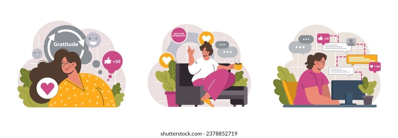 Gratitude set. Grateful and thankful characters. Charity and volunteer work sharing love and care. Online and offline communication. Flat vector illustration