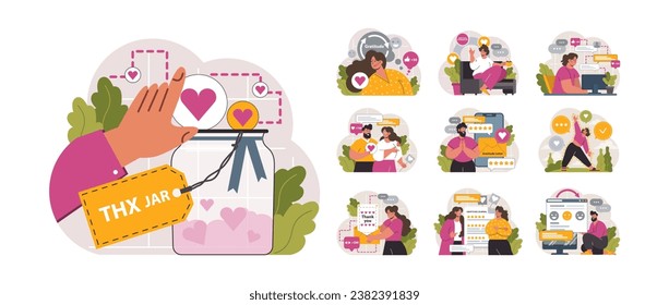 Gratitude set. Grateful and thankful characters. Charity and volunteer work sharing love and care. Online and offline communication. Flat vector illustration