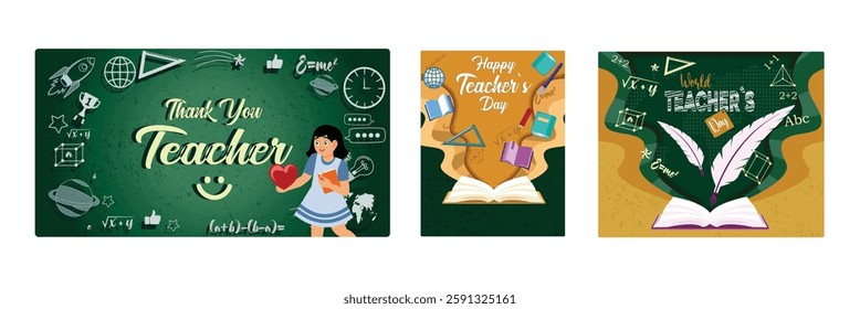 Gratitude to the teacher. Books are the source of all knowledge.World Teachers Day. Teacher's day concept. Set flat vector illustration.