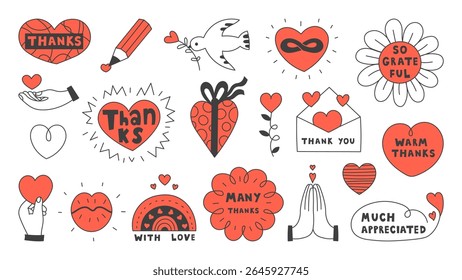 Gratitude Thank You Doodle Set. Drawn Collection of Heart Hand Gesture Flower with Text and Phrase. Vector illustration 