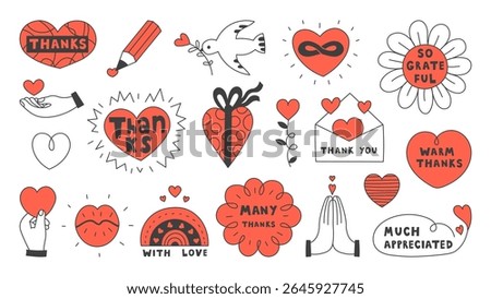 Gratitude Thank You Doodle Set. Drawn Collection of Heart Hand Gesture Flower with Text and Phrase. Vector illustration 