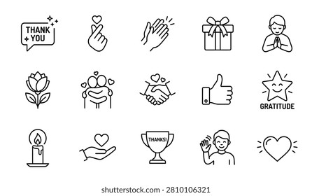 Gratitude and thank you line icon set with hand gestures and heart symbols