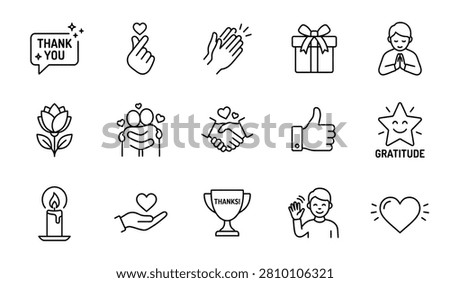 Gratitude and thank you line icon set with hand gestures and heart symbols