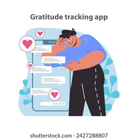 Gratitude tracking app concept. Celebrating daily moments of thankfulness through a digital journal. Flat vector illustration.