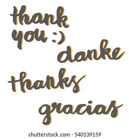 Gratitude words in English, German and Spanish Language isolated on white background