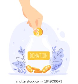 Gratuity concept. Jar of tips. Good feedback or donation for the great service. Isolated vector illustration in modern flat style