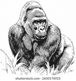 Grauer's Gorilla – Gorilla beringei. The monochrome drawing depicts a powerful western lowland gorilla in the grass. Suitable for wildlife articles and educational materials.