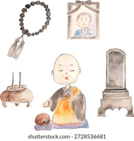 Grave and Buddhist altar equipment vector illustration set