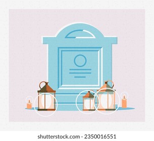 Grave with candles and lanterns on gray background in cartoon style. Retro style. Vector vintage illustration