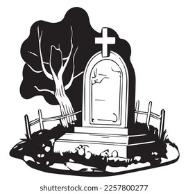 Grave in cartoon black and white style for coloring. Vector illustration