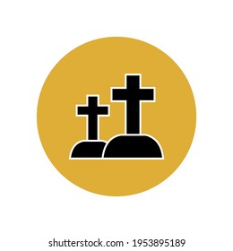 Grave and cemetery icon in a yellow circle. Funeral ceremony. Festival of the Dead or Halloween. Custom button in the app interface. Vector graphics.