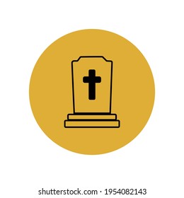 Grave and cemetery icon in a yellow circle. Funeral ceremony. Festival of the Dead or Halloween. Custom button in the app interface. Vector graphics.