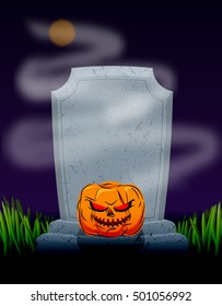 Grave in cemetery at night. Tombstone and spooky pumpkin. Illustration for halloween scary holiday. Moon on dark sky. Ghost Fog and tomb. Twilight in graveyard
