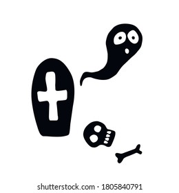 Grave in a cemetery, tombstone with ghost. Vector decorative element in cartoon flat style, black silhouette isolated on white background. Theme of Halloween and death