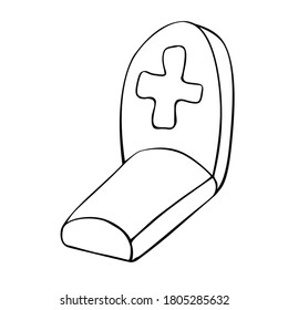 Grave in a cemetery, vector decorative element in doodle style, black outline isolated on white background. Theme of Halloween and death