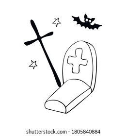 Grave in a cemetery, vector decorative element in doodle style, black outline isolated on white background. Theme of Halloween and death