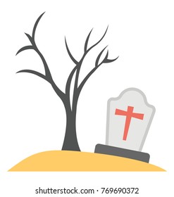 
A grave with christian religious cross and dead tree, halloween concept

