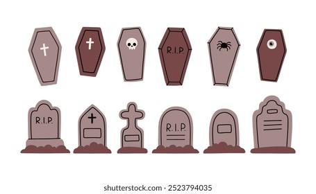 Grave and coffin simple set. Tombstone flat style vector, grave symbol isolated on white background.