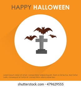 Grave cross and bats flying. halloween icon on Orange shadow background