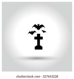 Grave Cross and Bats Flying icon. Halloween pictogram elements collection.  simple minimal, flat, solid, mono, monochrome, plain, contemporary style. Vector illustration web internet design elements