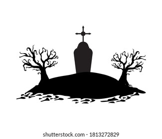 grave with cross in dry forest scene vector design, death tomb cementary and scary theme Vector illustration