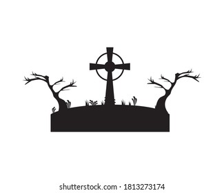 grave with cross in dry forest scene vector design, death tomb cementary and scary theme Vector illustration