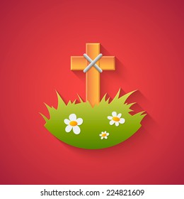 Grave Cross and Flowers - Funny Halloween Carton Illustration with Long Shadow on Red Background