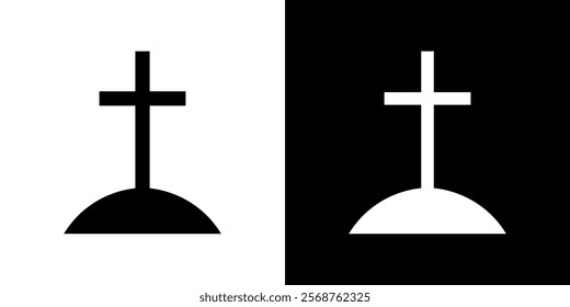 Grave with cross icon. Symbol of death or cemetery. Attribute of funeral, Halloween or horror movie.