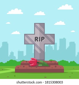 grave cross on the background of the city. city cemetery. flat vector illustration