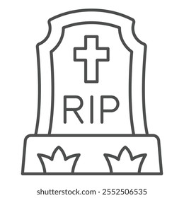 Grave with cross thin line icon, memorial theme concept. Vector graphics. Dead end sign on white background, outline style icon for mobile or web design