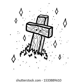 Grave with cross. Vector concept in doodle and sketch style. Hand drawn illustration for printing on T-shirts, postcards. Icon and logo idea.