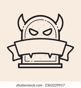 Grave with eyes, horns, empty ribbon ready to write your text outline iconic vector line art.