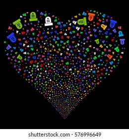 Grave fireworks with heart shape. Vector illustration style is flat bright multicolored iconic symbols on a black background. Object heart organized from confetti pictographs.