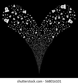 Grave fireworks stream. Vector illustration style is flat white iconic symbols on a black background. Object double fountain made from random design elements.
