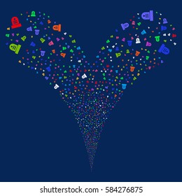 Grave fireworks stream. Vector illustration style is flat bright multicolored iconic symbols on a blue background. Object double fountain made from random pictographs.