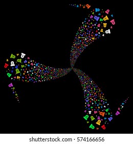 Grave fireworks swirl rotation. Vector illustration style is flat bright multicolored iconic symbols on a black background. Object twirl done from random pictographs.