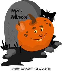 Grave, funny pumpkin, cat isolated on a white background. Vector Halloween illustration in cartoon style.