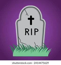 Grave with grass and a cross on dark background, traditional Halloween design element.